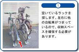 空いているラックを探します。左右に他の自転車がつまっているので、収納スペースを確保する必要があります。